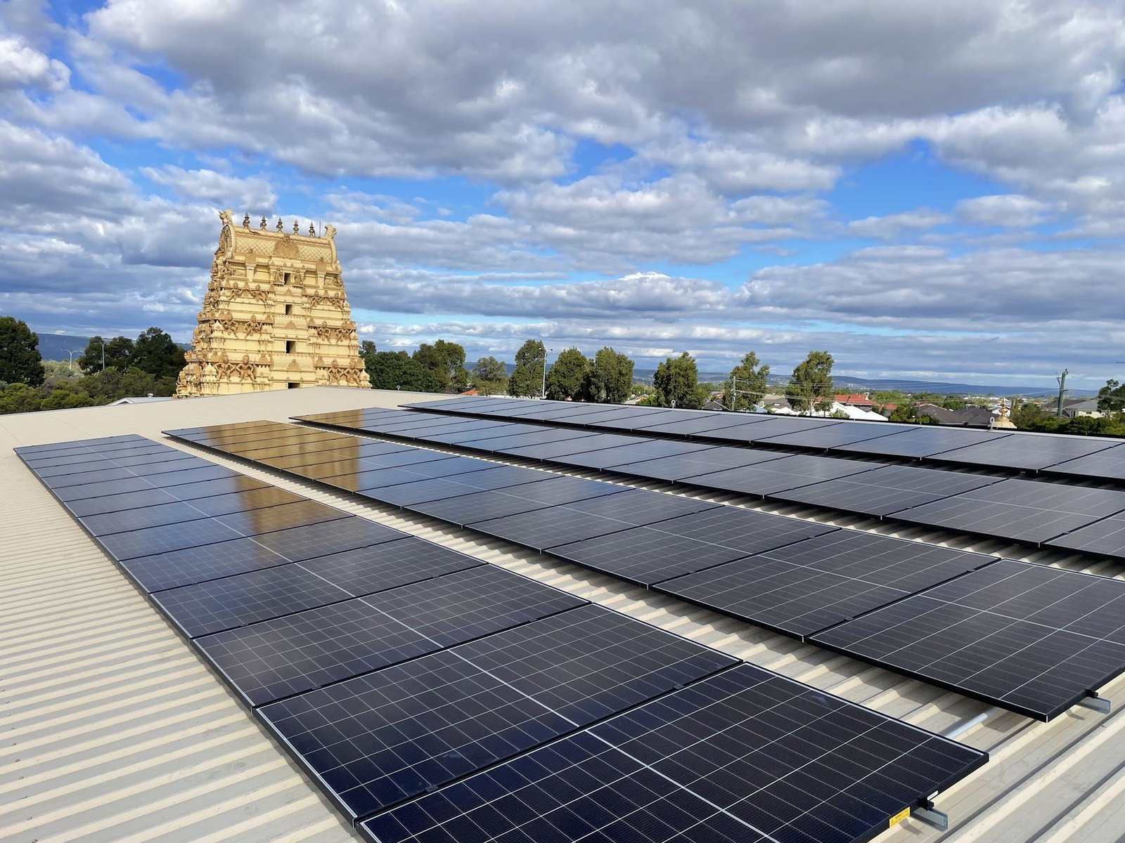 Solar panels installed on a temple rooftop